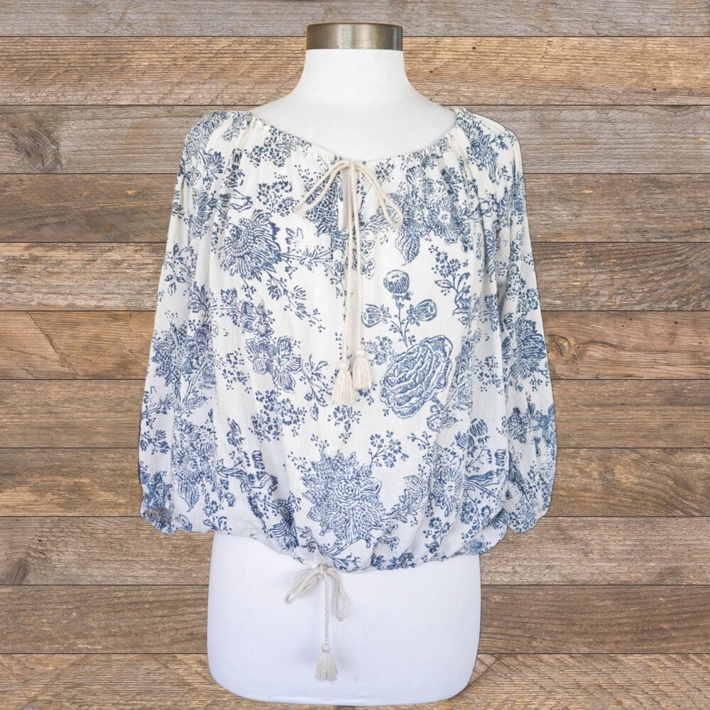 RALPH LAUREN Denim & Supply Floral Boho Peasant Top Small Tasseled Blue Cream